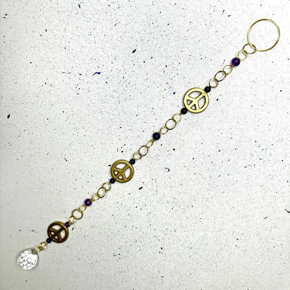Amethyst Peace Sign Wall Hanging Gold Peace Charm Amethyst Beads Crystal Prism